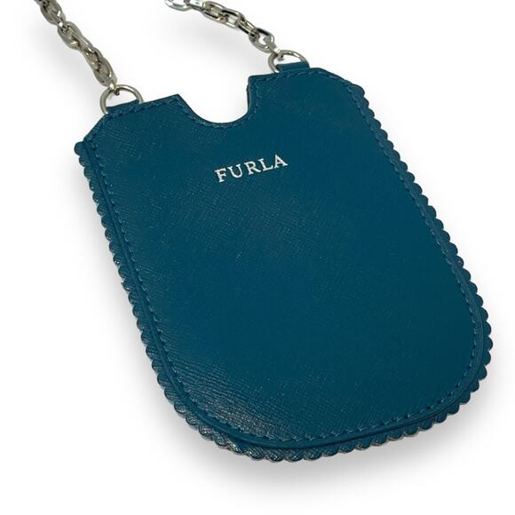 Furla Card Holder Blue Green Teal Silver Tone Chain - Picture 2 of 4